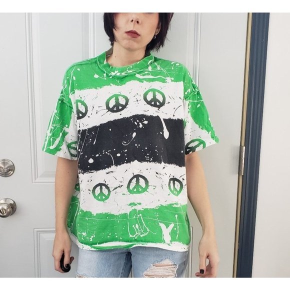 Vintage‎ 80s/90s Peace Symbol Paint Splatter Tee - Picture 1 of 4